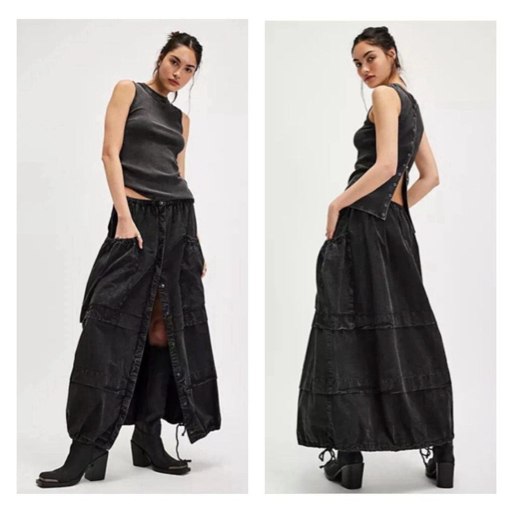 Free People Eloise Maxi Drawstring Balloon Skirt Womens XS Black Grunge Utility